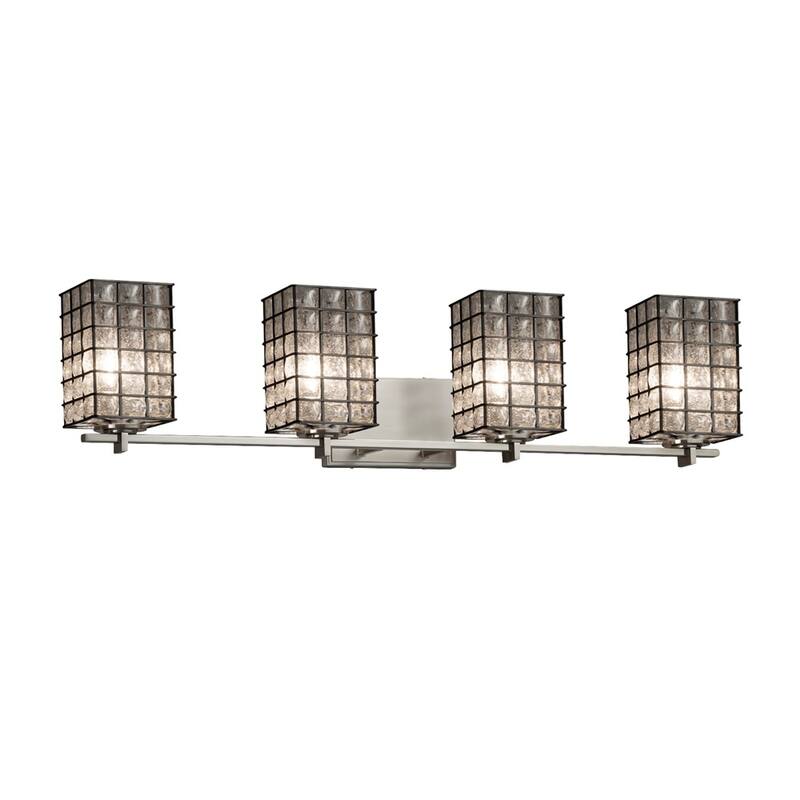 Wire Glass Era 4-Light Brushed Nickel Bath Bar, Grid with Clear Bubbles Square w/ Flat Rim Shade