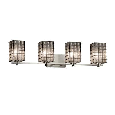 Wire Glass Era 4-Light Brushed Nickel Bath Bar, Grid with Clear Bubbles Square w/ Flat Rim Shade