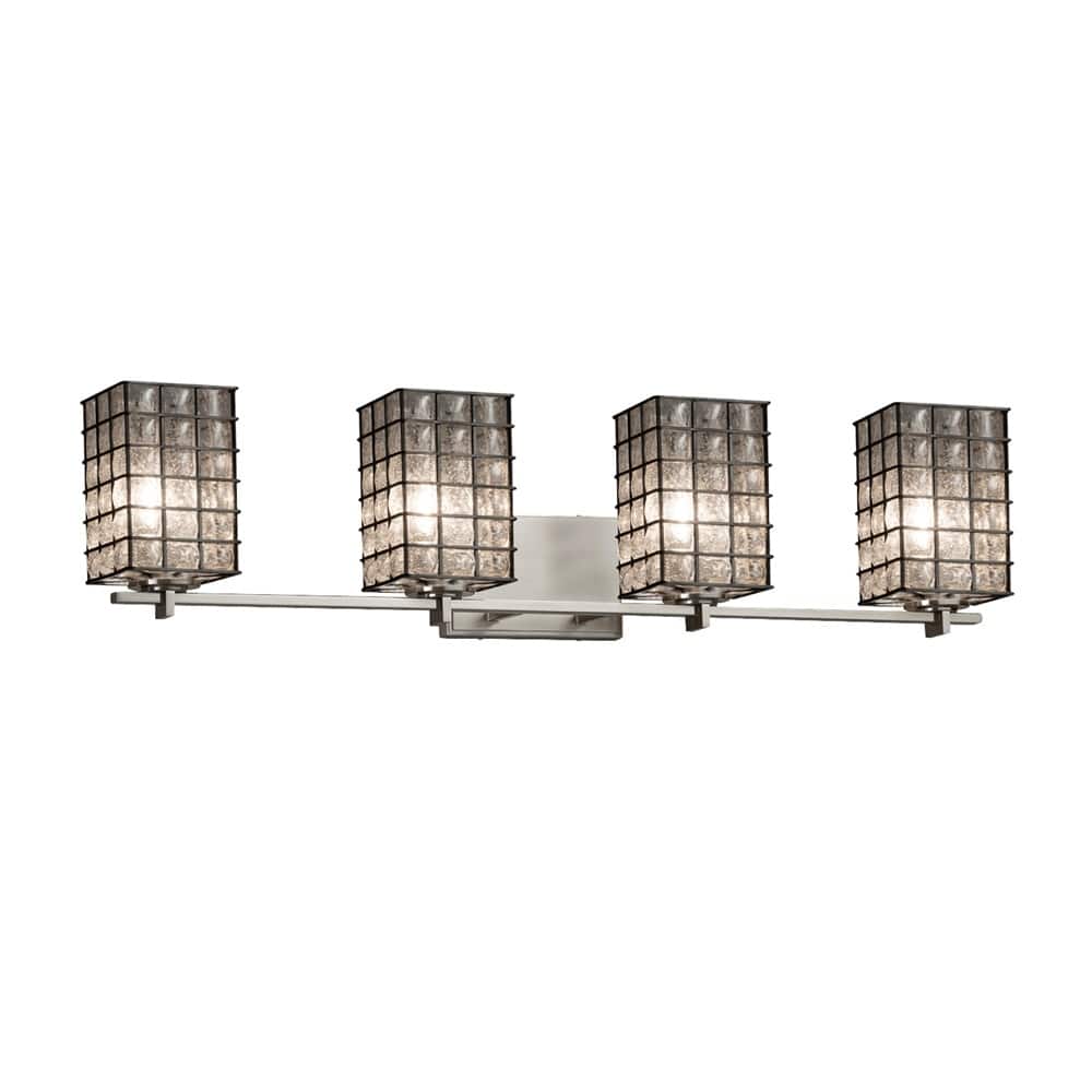 Wire Glass Era 4-Light Brushed Nickel Bath Bar, Grid with Clear Bubbles Square w/ Flat Rim Shade