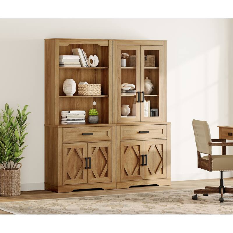 5 Tier Bookcase with Barn Door,73.3" Tall Open Storage Bookshelf