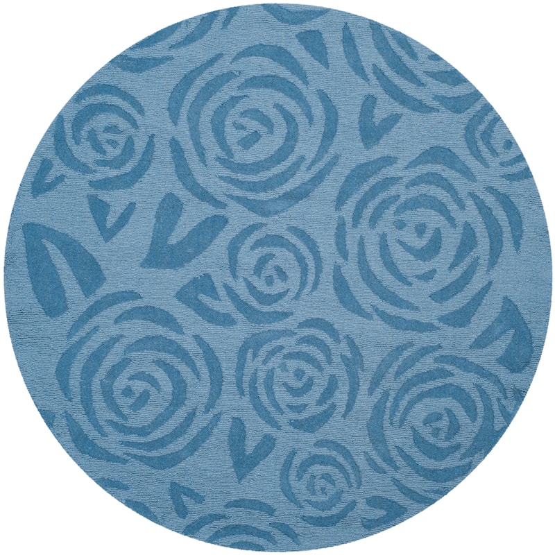 Martha Stewart by SAFAVIEH, Block Print Rose Handmade Wool Area Rug - 8' Round - Thistle Blue