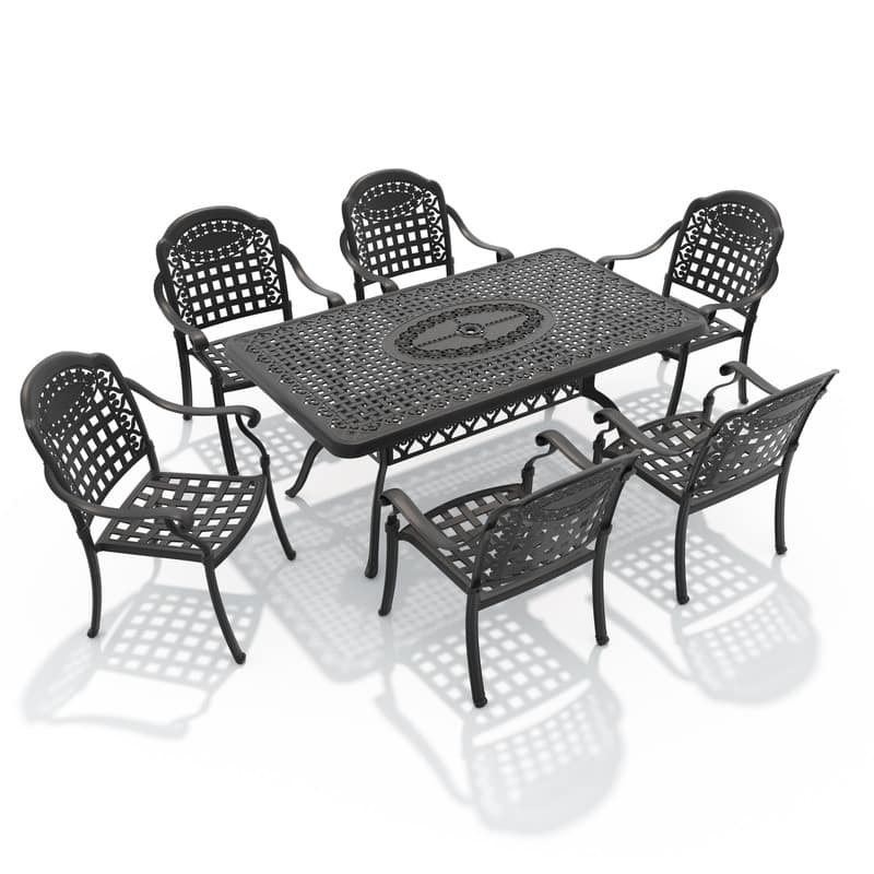 7-Piece Cast Aluminum Outdoor Dining Set with Rectangular Table and Seat Cushions