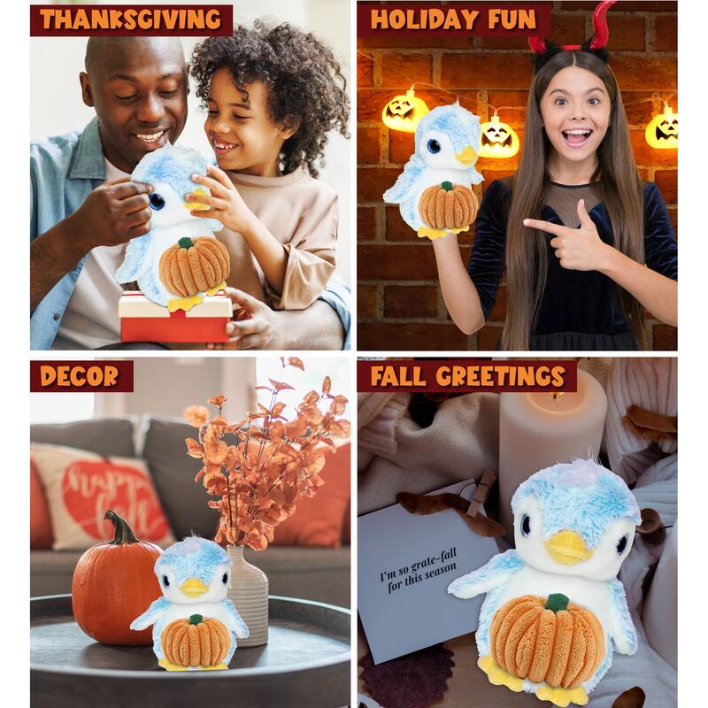 DolliBu Sparkling Eyes Blue Penguin Stuffed Animal with Pumpkin Decor - 6 inches