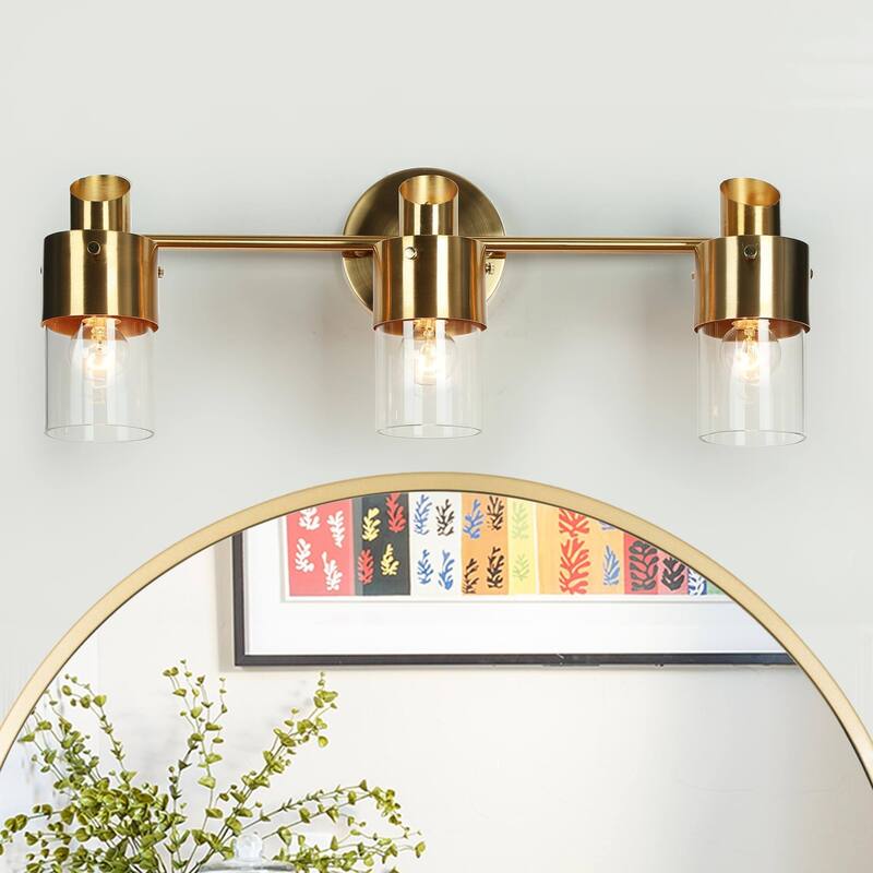 Modern 2/3-Light Dimmable Gold Bathroom Vanity Light Cylinder Glass Wall Sconces - 3-Light