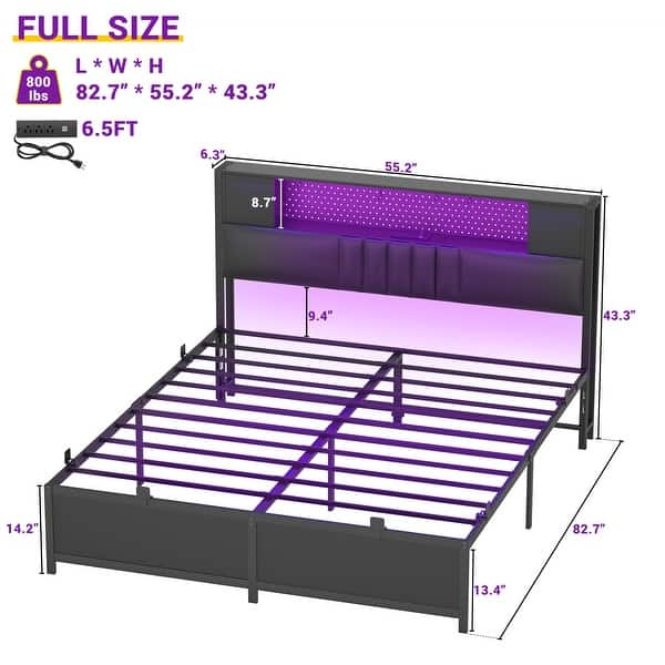 dimension image slide 4 of 9, Farmhouse Bed Frame with Holey Board, Upholstered Headboard Platform Bed with Charging Station
