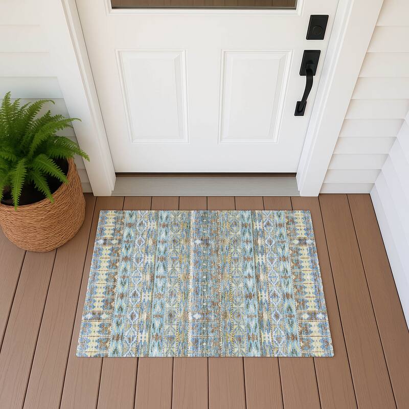 Machine Washable Indoor/ Outdoor Global Haswell Chantille Rug - Teal - 1'8" x 2'6"