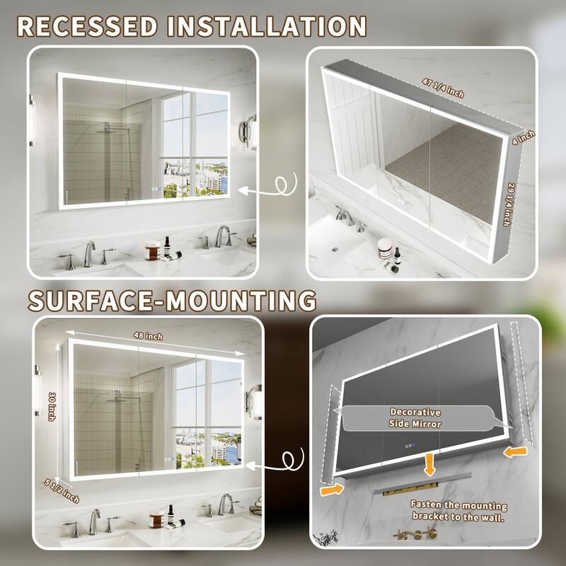 Modland 36"-48"W x 30"H LED Bathroom Medicine Cabinet Dimmable Anti-Fog,Recessed or Surface Mount