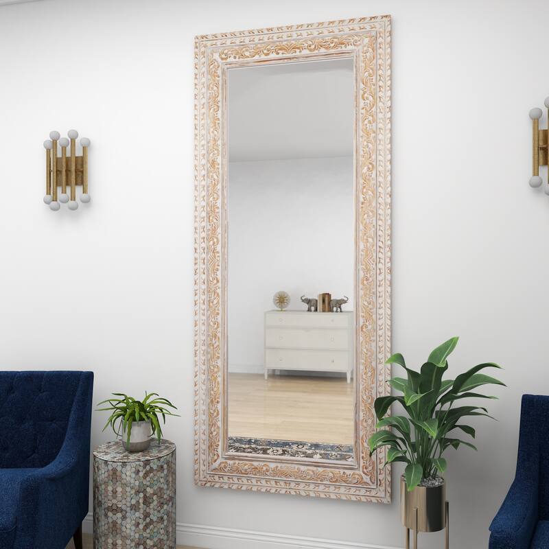 White Mango Wood Vine Scroll Room Wall Mirror with Brown Carved Detail