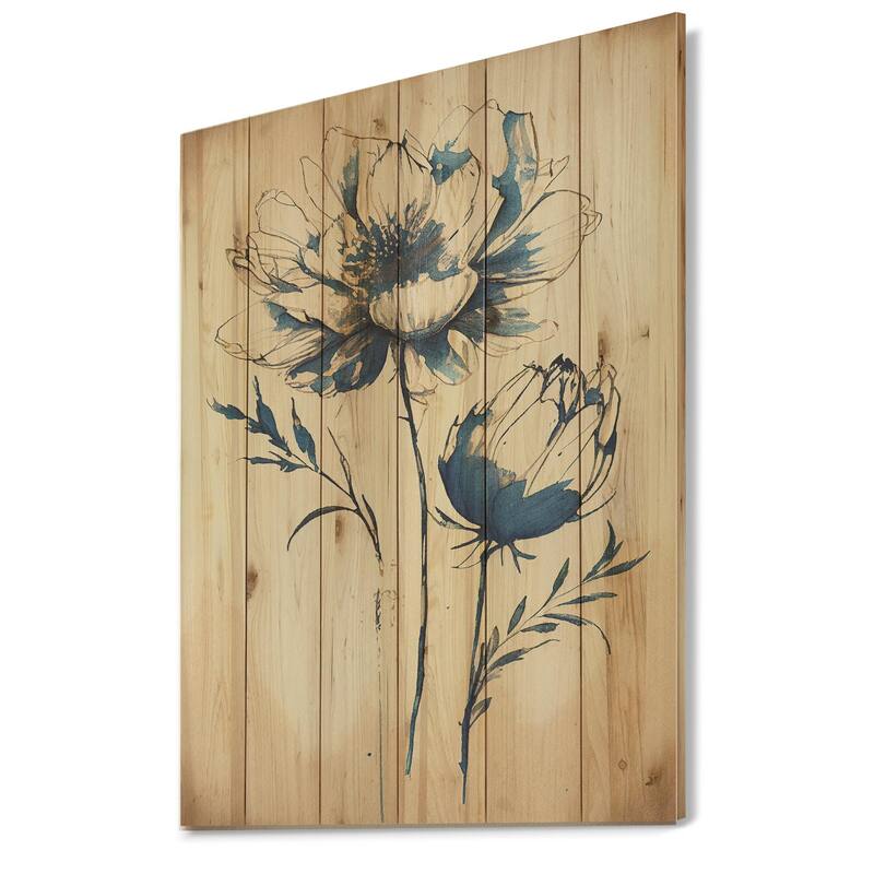 Designart 'Blue Vintage Flower Blooming VIII' Floral Wood Wall Art - Natural Pine Wood