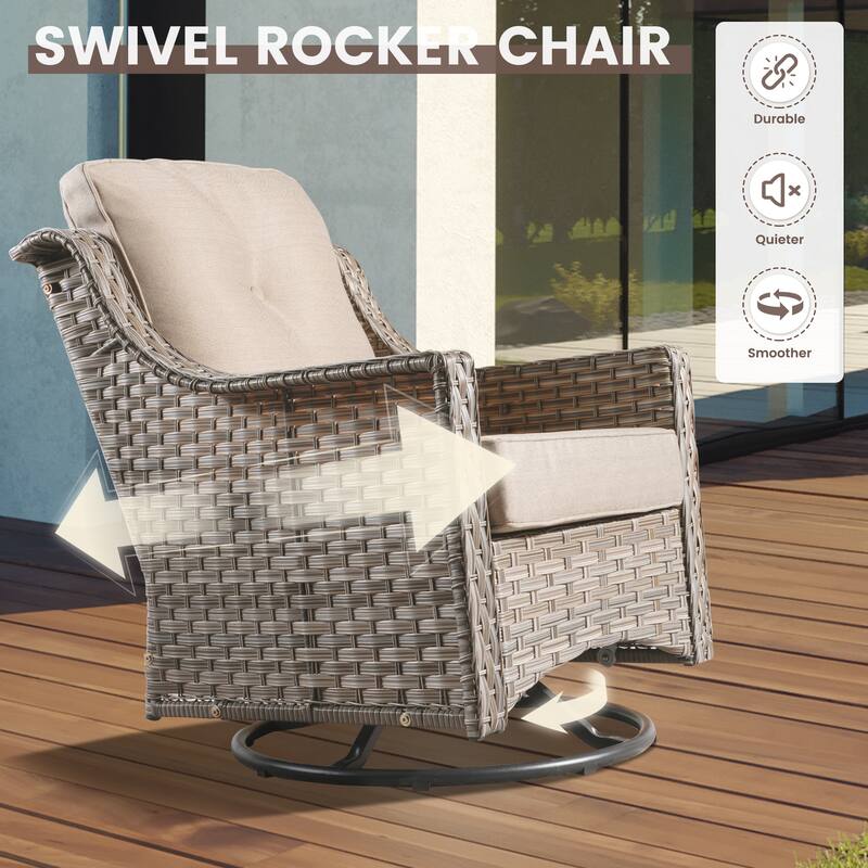 OVIOS 11 Pieces Outdoor Wicker Swivel Chair Set With Solar-Powered Coffee Table&Fire Pit