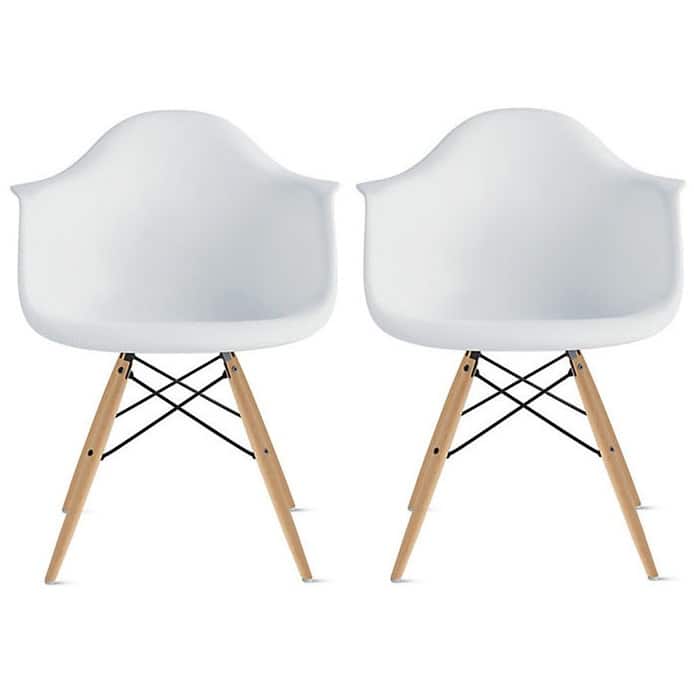 Set of 2 Modern White Plastic Dining Armchairs with Natural Wood Legs – Comfortable Designer Chairs for Kitchen & Dining Room