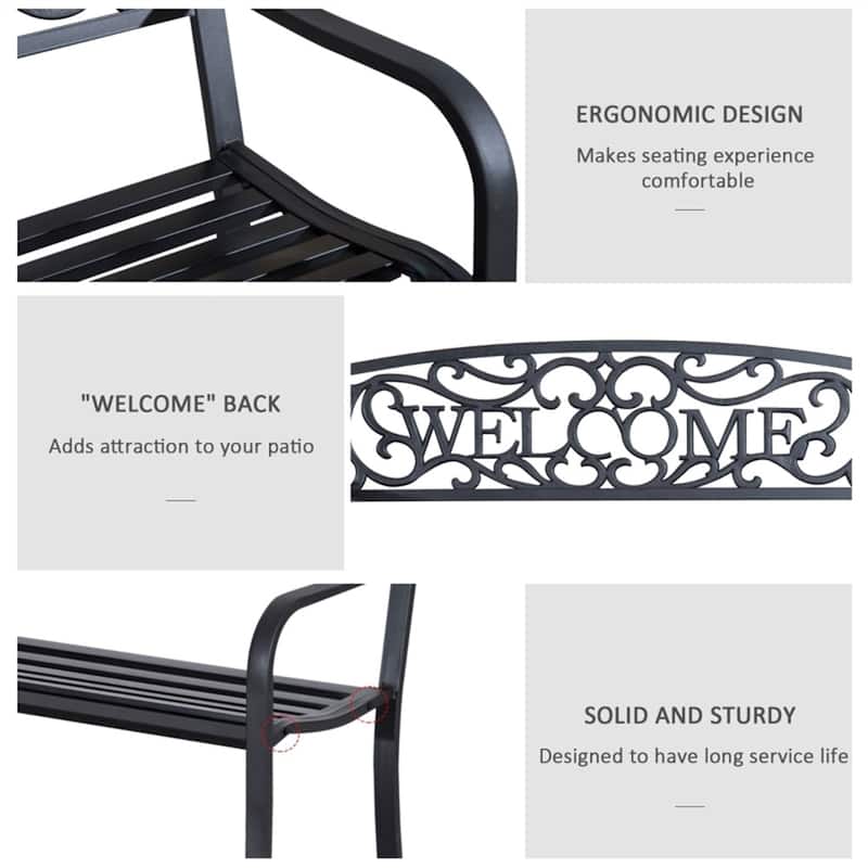 Outdoor Garden Bench with Welcome Design Heavy Duty Tubular Steel Patio Seat for Yard Porch and Park