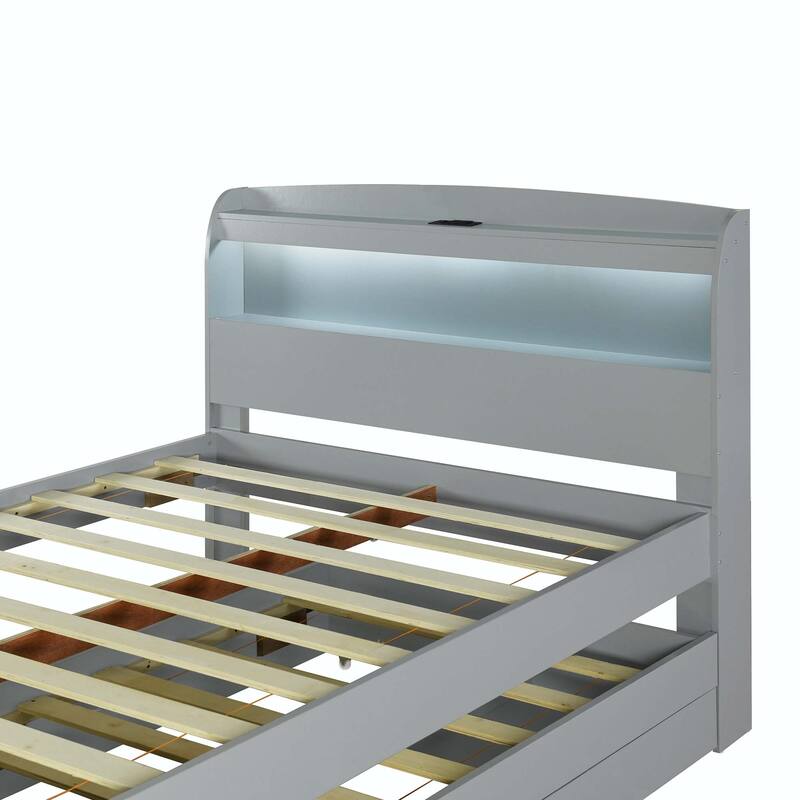Platform Bed with Storage LED Headboard, Charging Station, Twin Size Trundle and 2 Drawers