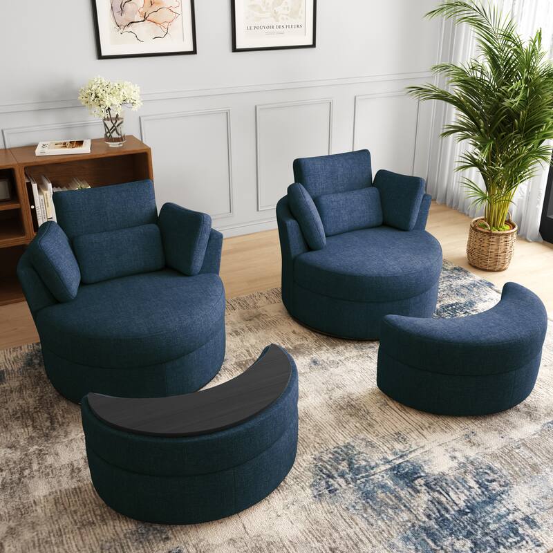Upholstered Barrel Swivel Chairs with Moon Ottoman (Set of 2)
