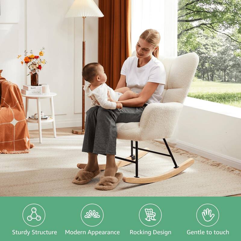 Rossetta Teddy Upholstered Thick Glider Accent Rocker with High Backrest and Sturdy Frame
