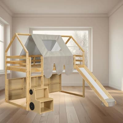 Twin Size Wooden Loft Bed with House-Shaped Frame, Slide, Tent, and Storage Shelves, Fun and Functional for Kids Bedroom