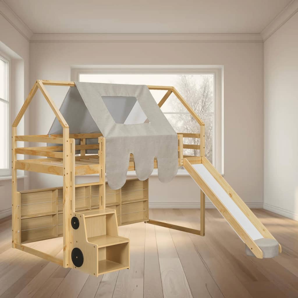 Twin Size Wooden Loft Bed with House-Shaped Frame, Slide, Tent, and Storage Shelves, Fun and Functional for Kids Bedroom