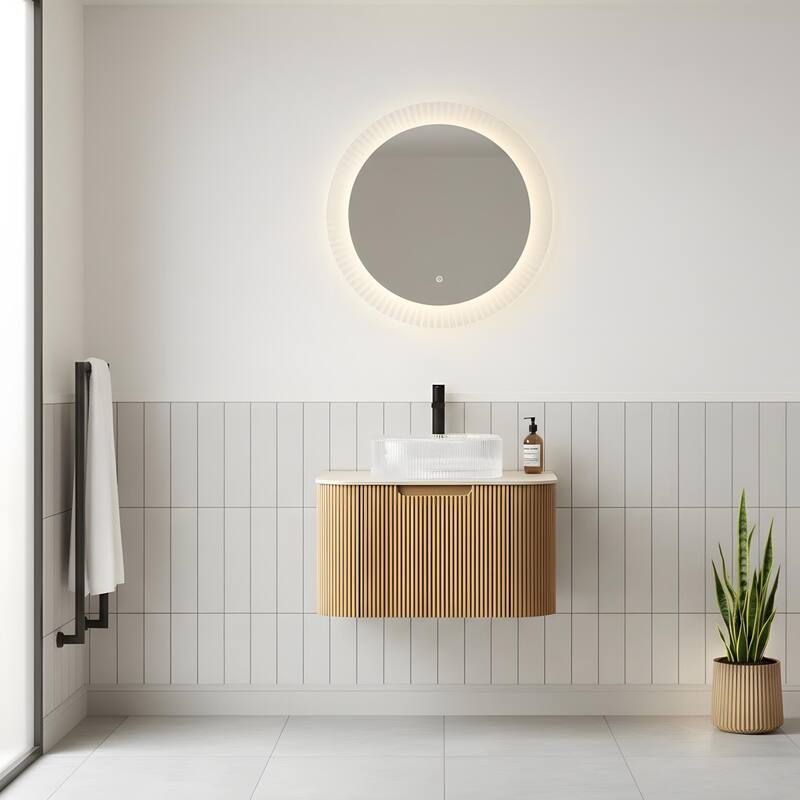 Floating Bathroom Vanity with Transparent Round Glass Basin - 24 - Light Natural Wood