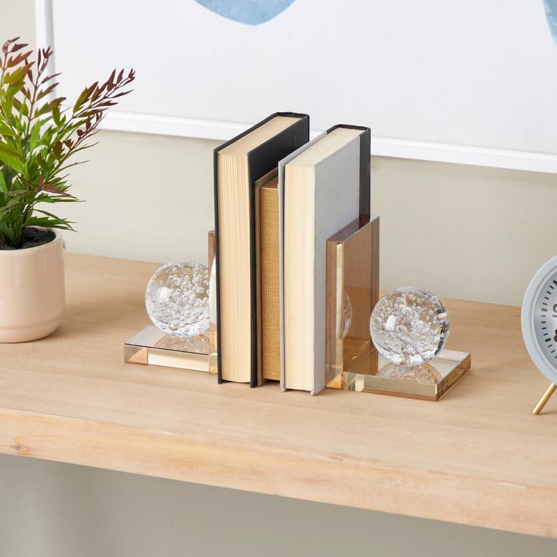 Glass Geometric Bookends with Clear Orbs and Bubble Texturing - Set of 2 Gold - Roche River Decor - 5"W x 4"L x 6"H