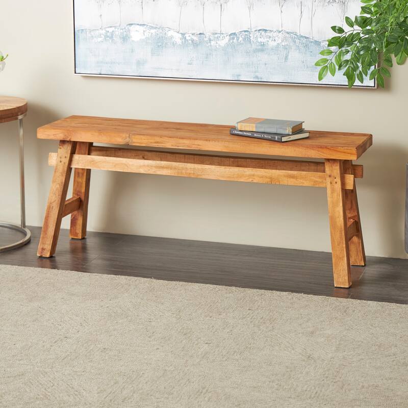 Brown Reclaimed Wood Handmade Distressed Bench with High Trestle Legs