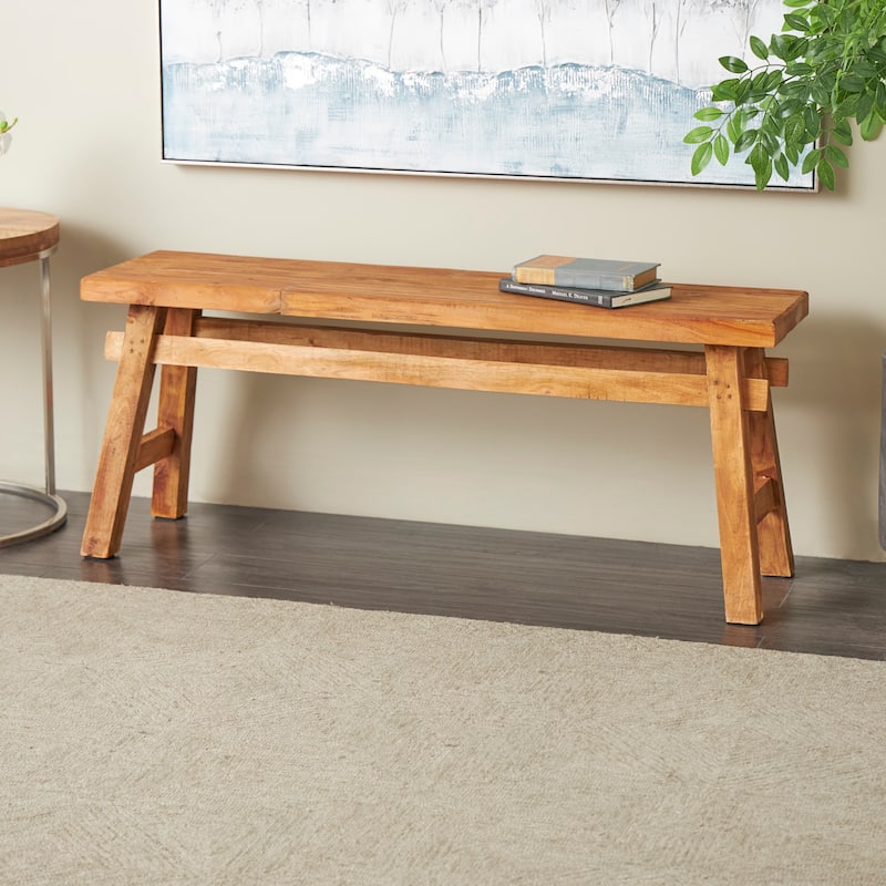 Reclaimed Wood Handmade Bench with Natural Finish and High Trestle Legs - Brown - Roche River Decor - 14"Wx47"Lx19"H