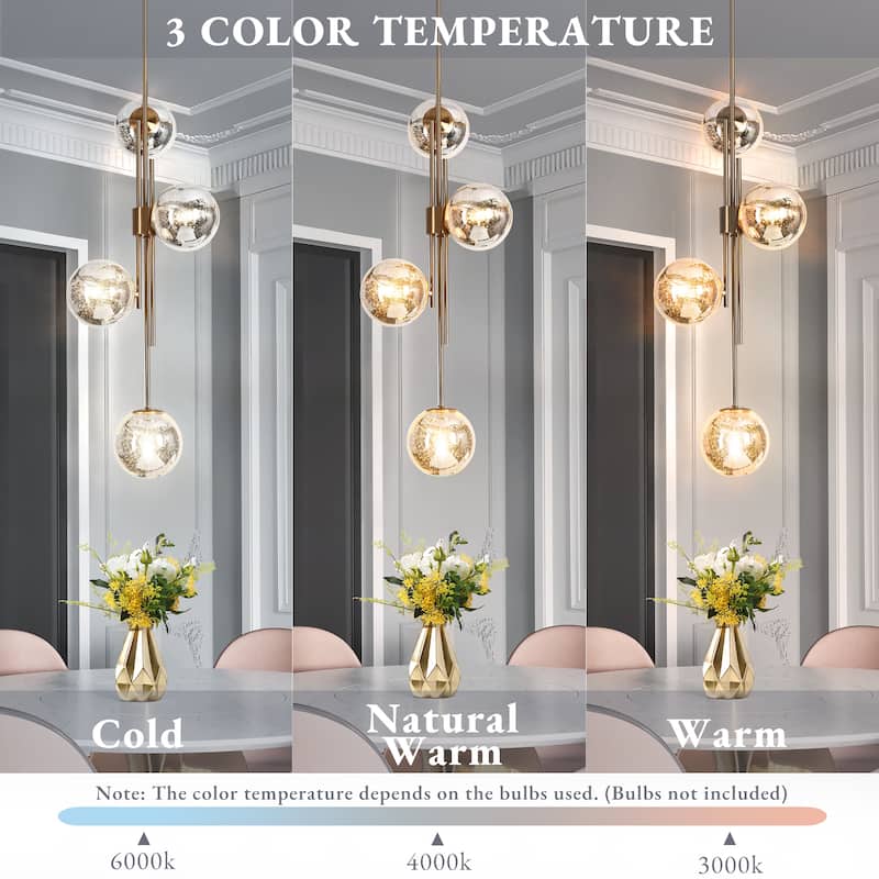 Bela Modern Gold 4-Light Chandelier Orb Mercury Glass Pendant Lights for Kitchen Island - W13.4" x H96.5" MAX