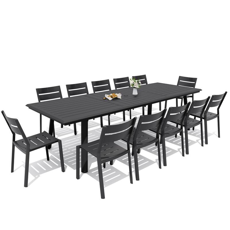 7/9/11/13-Piece Patio Dining Set Outdoor All-Weather Aluminum Dining Table with Umbrella Hole and Stackable Chairs