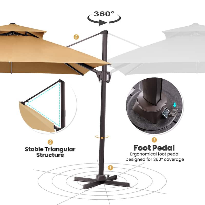 Outdoor Shade 10 x 10ft Double Top Square Patio Cantilever Umbrella with Weights Base