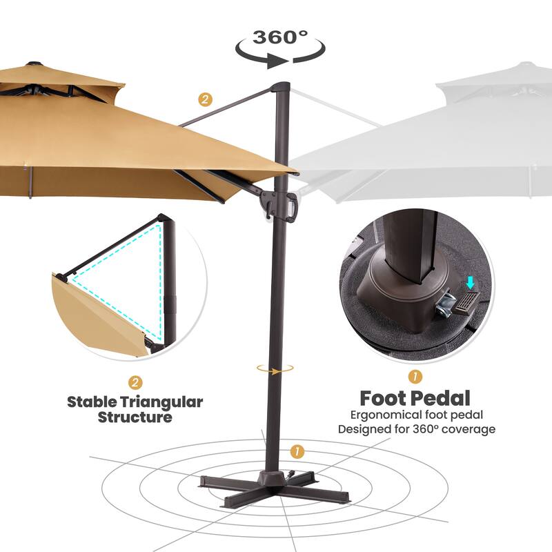 Outdoor Patio Offset Cantilever Umbrella 360-Degree Rotation with Base