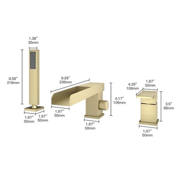 dimension image slide 2 of 4, Bathtub Filler Faucet with Sprayer, Double-Handle Deck-Mount Roman Tub Faucet with Handshower, Pressure Balanced Valve Included