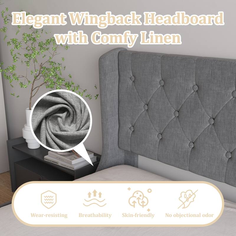 Tufted Wingback Storage Bed Frame with 4 Drawers, Dark Grey Upholstered Platform Bed