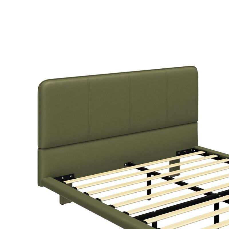 Roomfitters Size Floating Platform Bed Frame with Upholstered Headboard, Modern Faux Leather Bed with Underbed Light