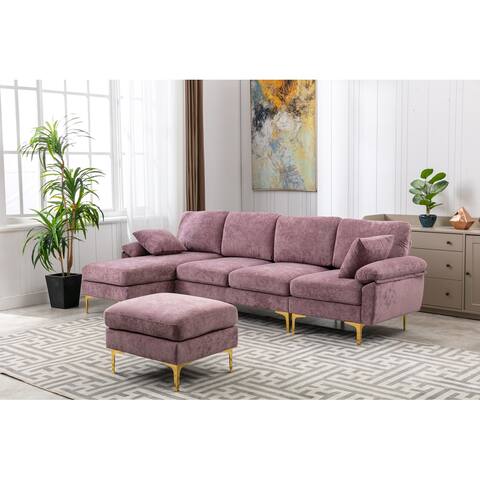 Modern Sectional Sofa Polyester Fabric Padded Seat Accent Sofa Pillow Top Arms Living Room Chaise with Metal Legs and Ottoman