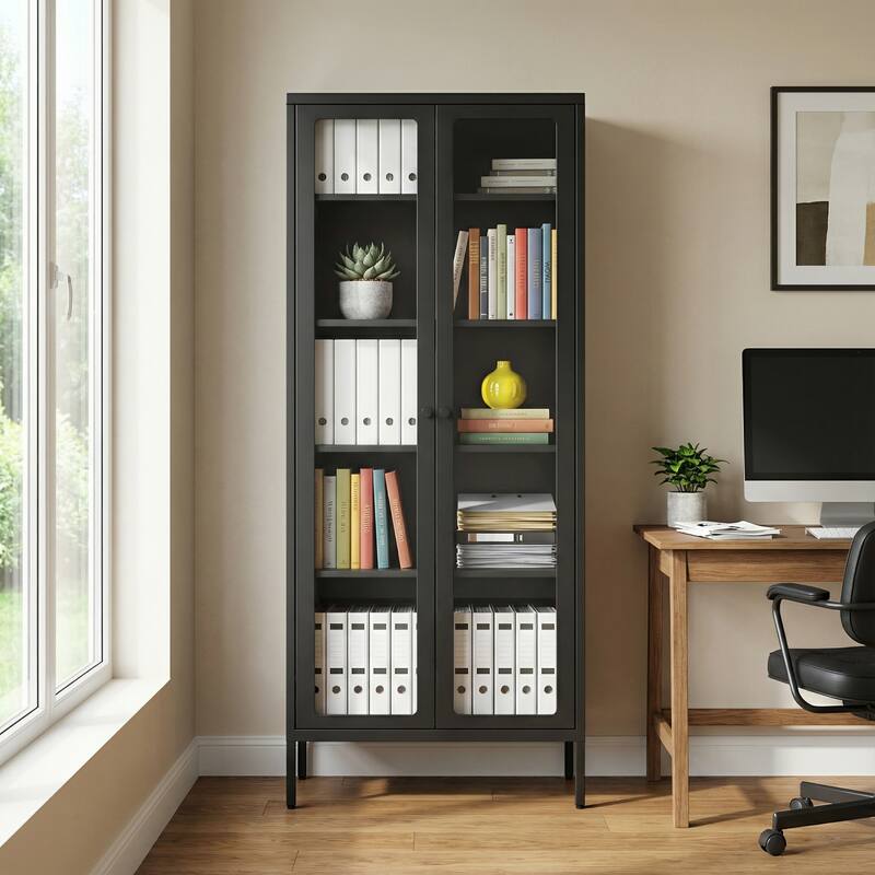 67" Display Curio Glass Metal Storage Cabinet Bookshelves with Glass Doors and 4 Adjustable Shelves - Black