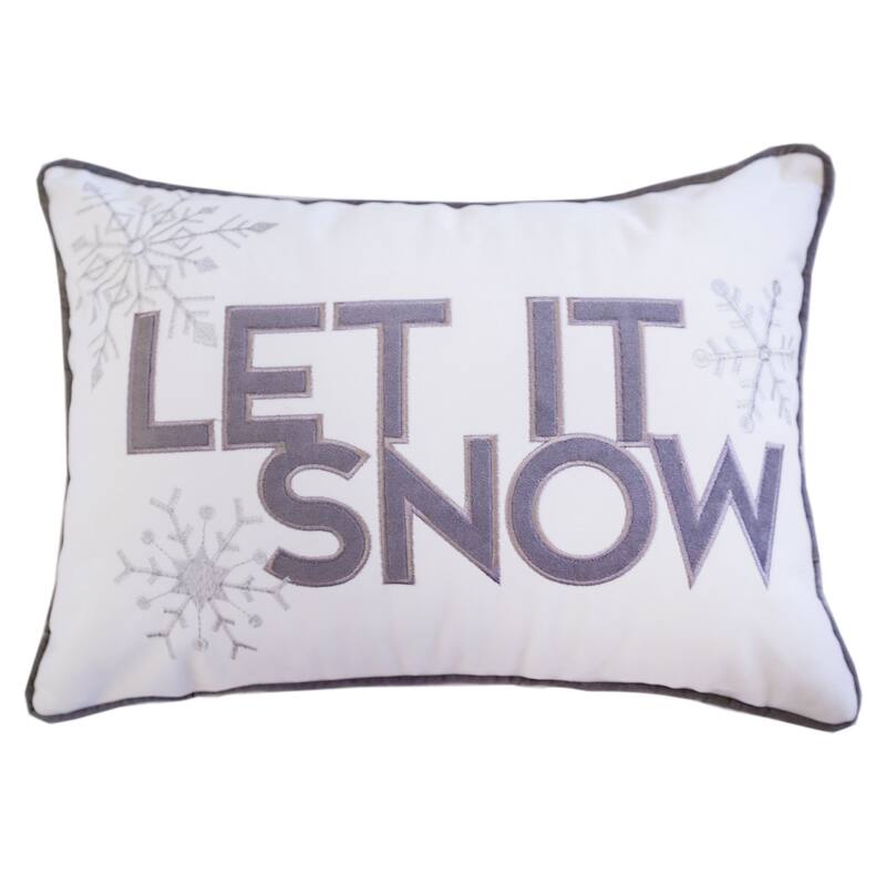 Velvet Lumbar Pillow with Snowflake Embroidery Let It Snow Design and Insert 14x20 - White