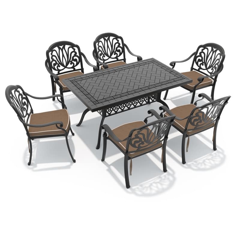 7-Piece Cast Aluminum Outdoor Dining Set with Random Color Seat Cushions