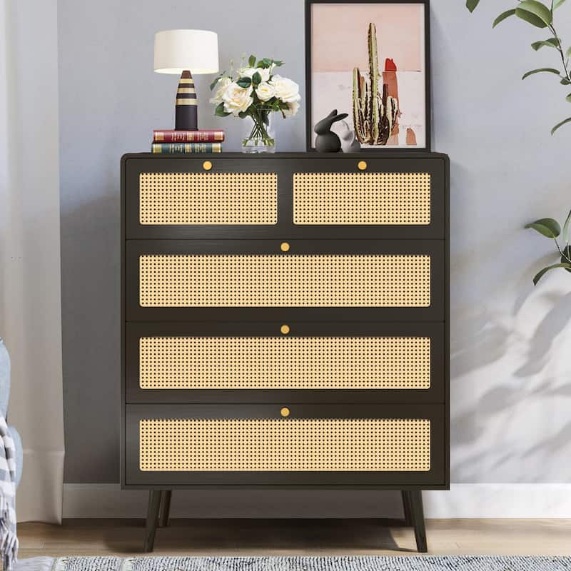 Rattan Dresser Chest with 4 Drawers, Farmhouse Wood Storage Cabinet - 31.50"Lx15.74"Wx38.58"H
