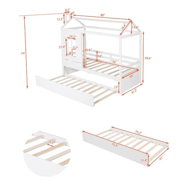 dimension image slide 1 of 2, Modern Twin Size House Bed Wood Bed With Twin Size Trundle And Solid Construction