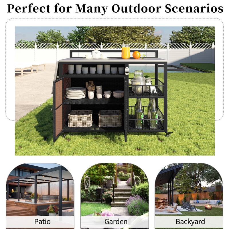 Roomfitters 63.5" Outdoor Kitchen Island Grill Cart with Foldable Side Tabletop and Ample Storage, Dark Brown