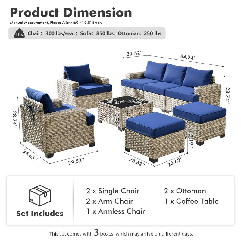 OVIOS 8 Pieces T shaped Seat Wide Armrest Set With Solar-Powered Coffee Table