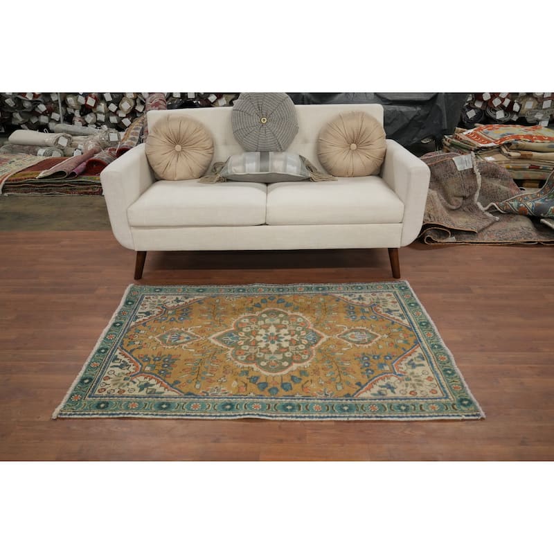 Hand Knotted Oriental 100% Wool Carpet Traditional Floral Oranges & Rust Tabriz Area Rug - 4' 10'' X 3' 2''