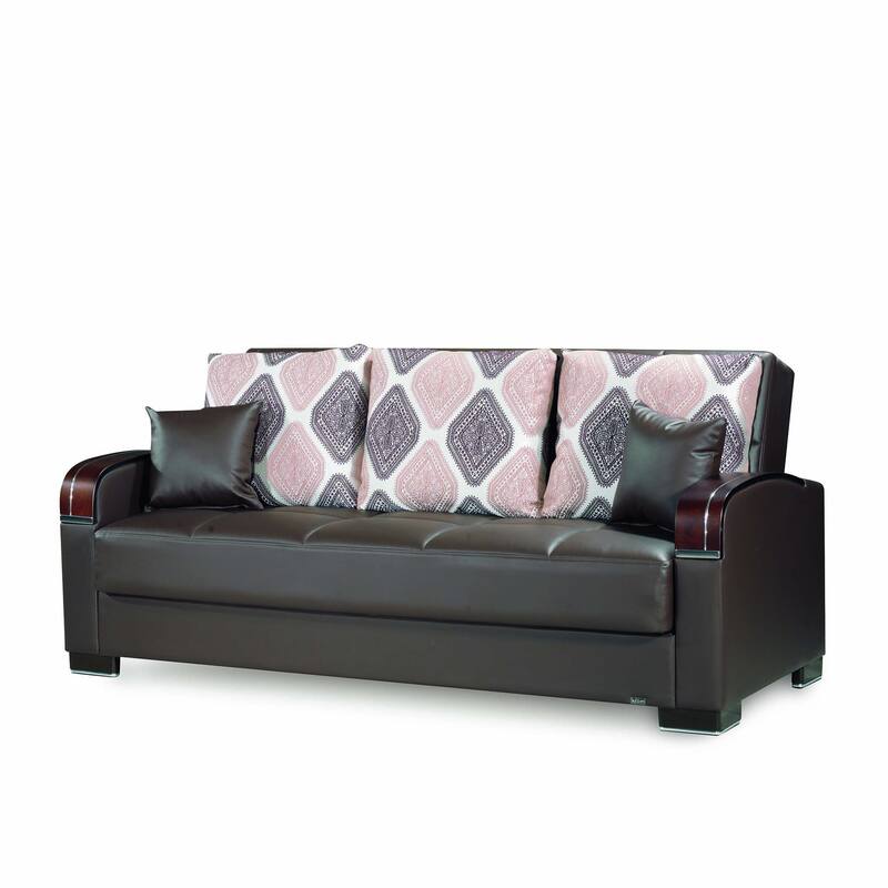HomeRoots 87" Brown Faux Leather Convertible Futon Sleeper Sofa And Toss Pillows With Storage