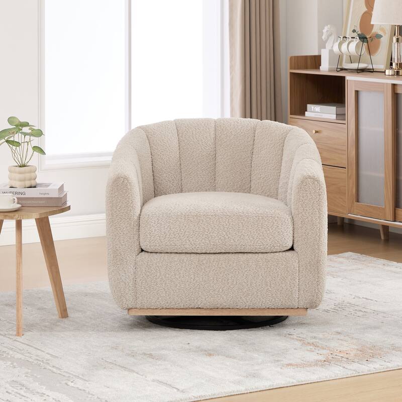 Chenille Upholstered Swivel Barrel Chair, Tufted Pumpkin-Shape Club Armchair, Lounge Reading Chair with Metal Base