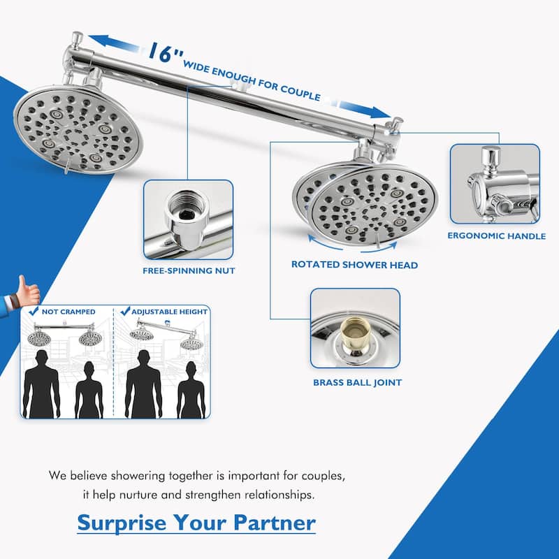 Double Shower Head with Built-in Valve, 6 Setting Dual Shower Head Design for Couple
