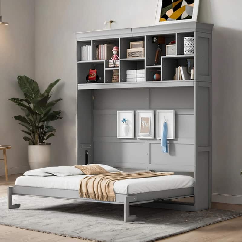 Queen Size Wood Murphy Bed with Top Shelves and USB Port