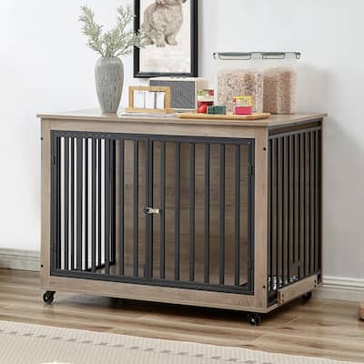 Wood Dog Crate Furniture Kennel with PullOut Bowls Wheels and FlipTop