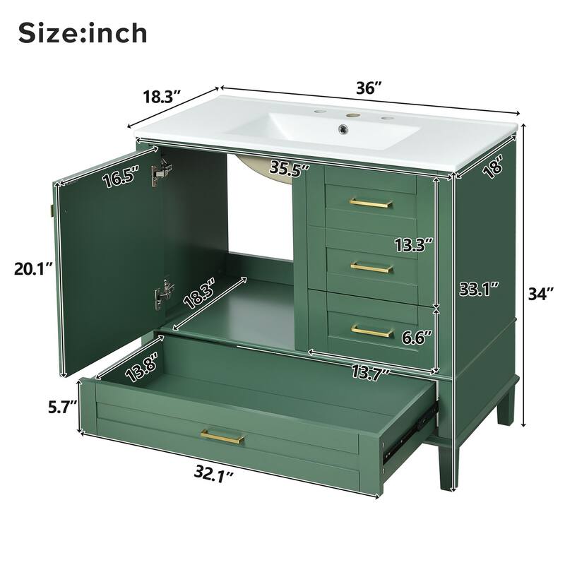 Elegant 36-Inch Bathroom Vanity with Undermount Ceramic Sink, Soft Close Storage Drawers, Silver Handles - Contemporary Look