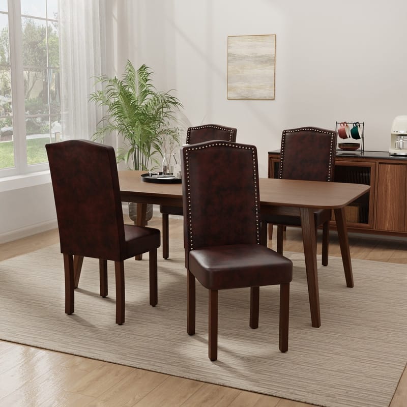 Dining Chairs With Upholstered Fabric - Set of 4 - Dark Brown Leather