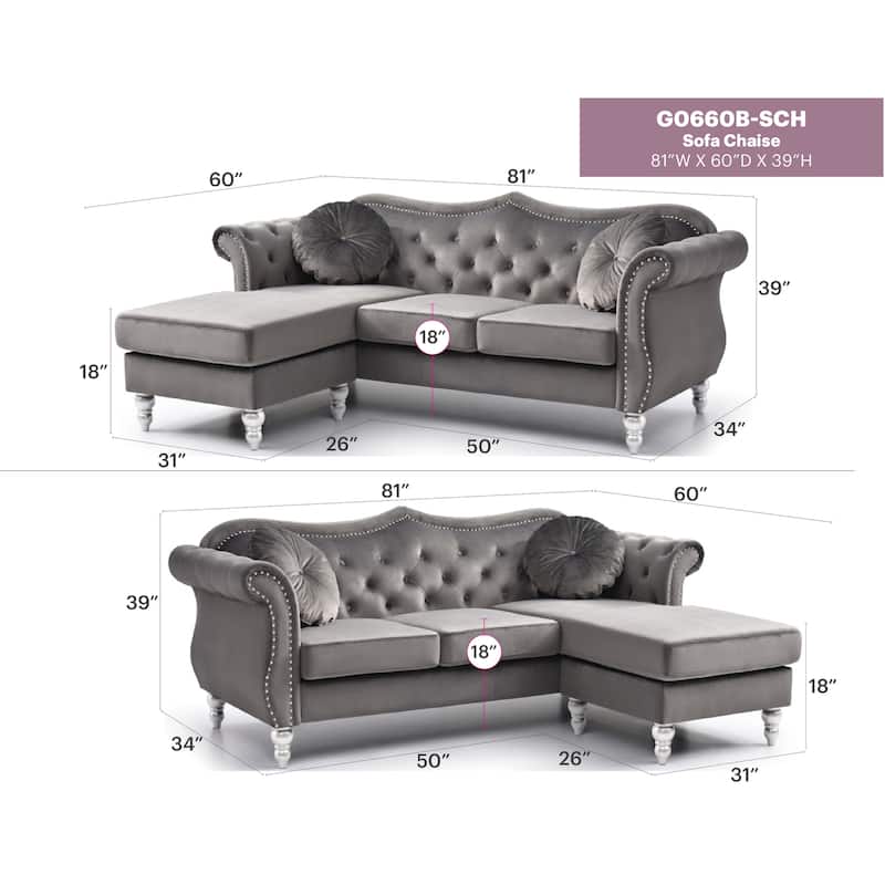Hollywood 81 in. Velvet Chesterfield Sectional Sofa with 2-Throw Pillow - 81"L x 35"W x 34"H