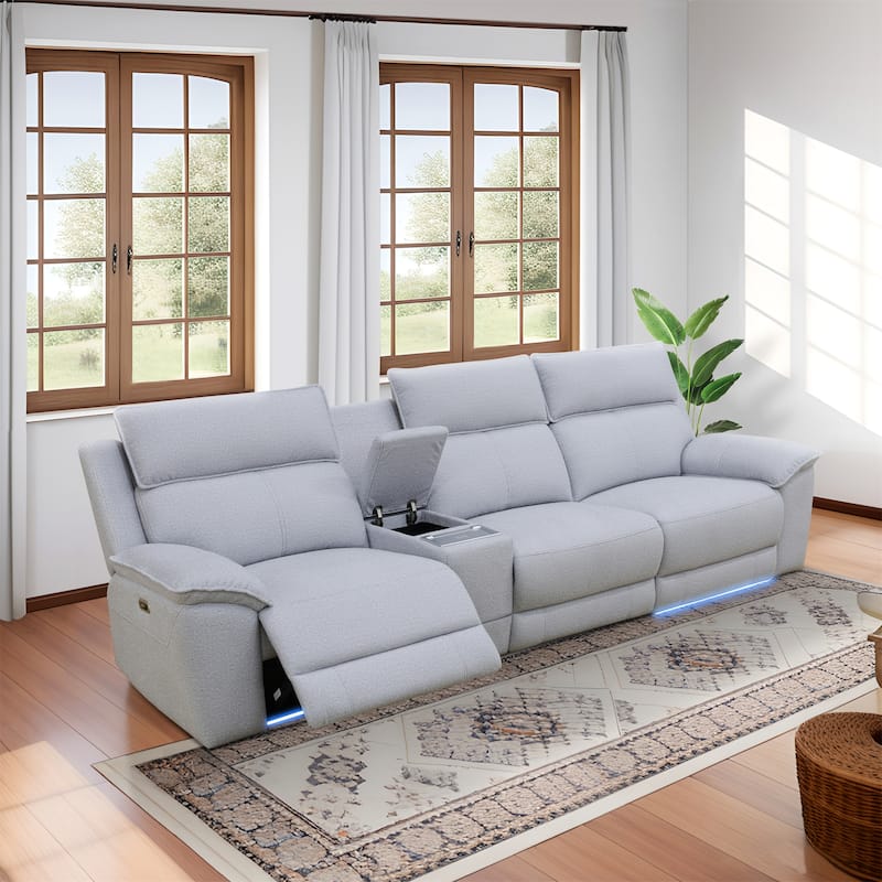 Grey White Lambswool 4-Piece Living Room Recliner Sofa Set